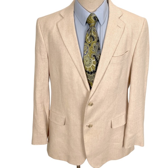 Stafford Blazer Mens 44L Beige Herringbone Classic Fit Linen Cotton Sport Coat